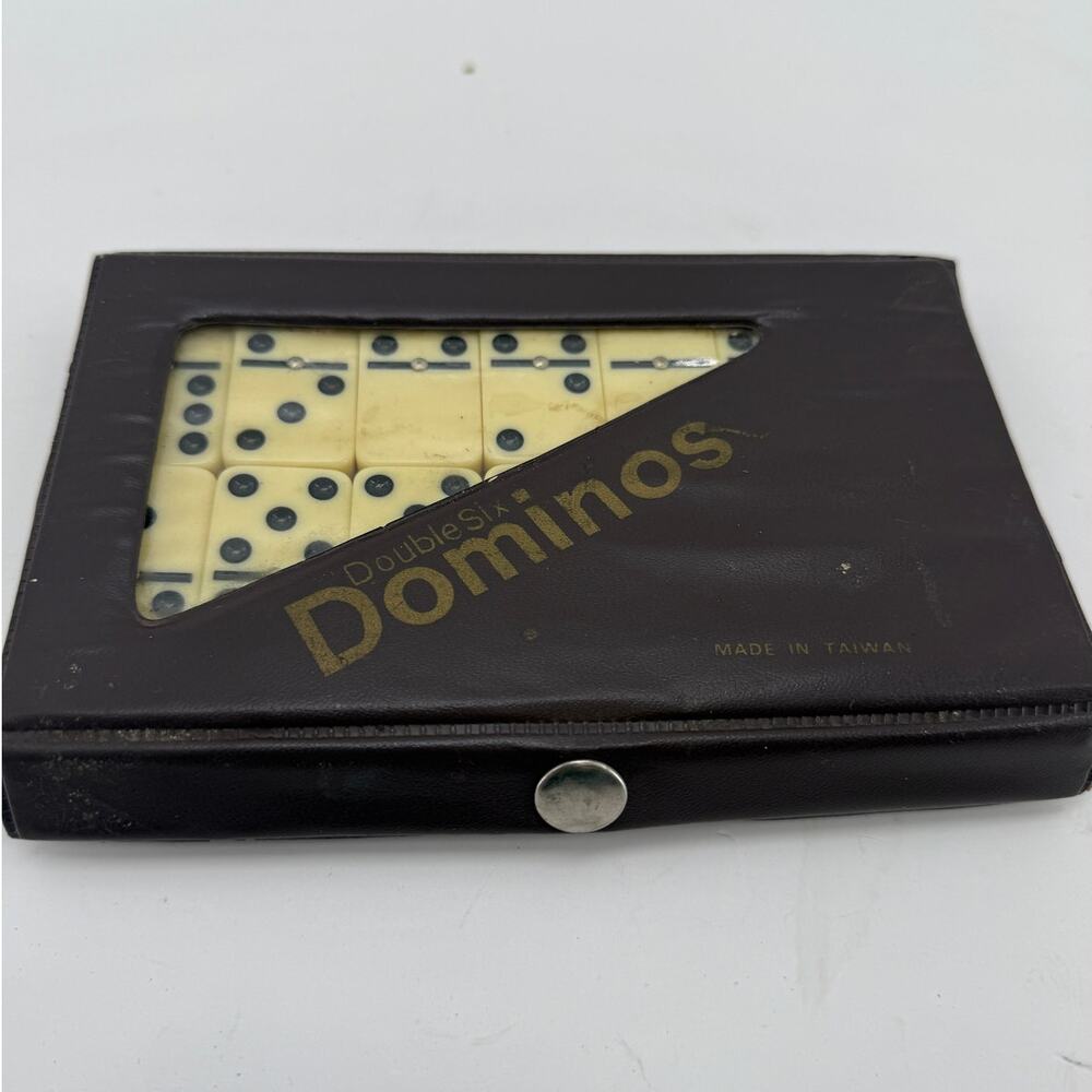Vintage Double Six Dominoes Set Faux Ivory Black Dots Retro Game Carrying Case